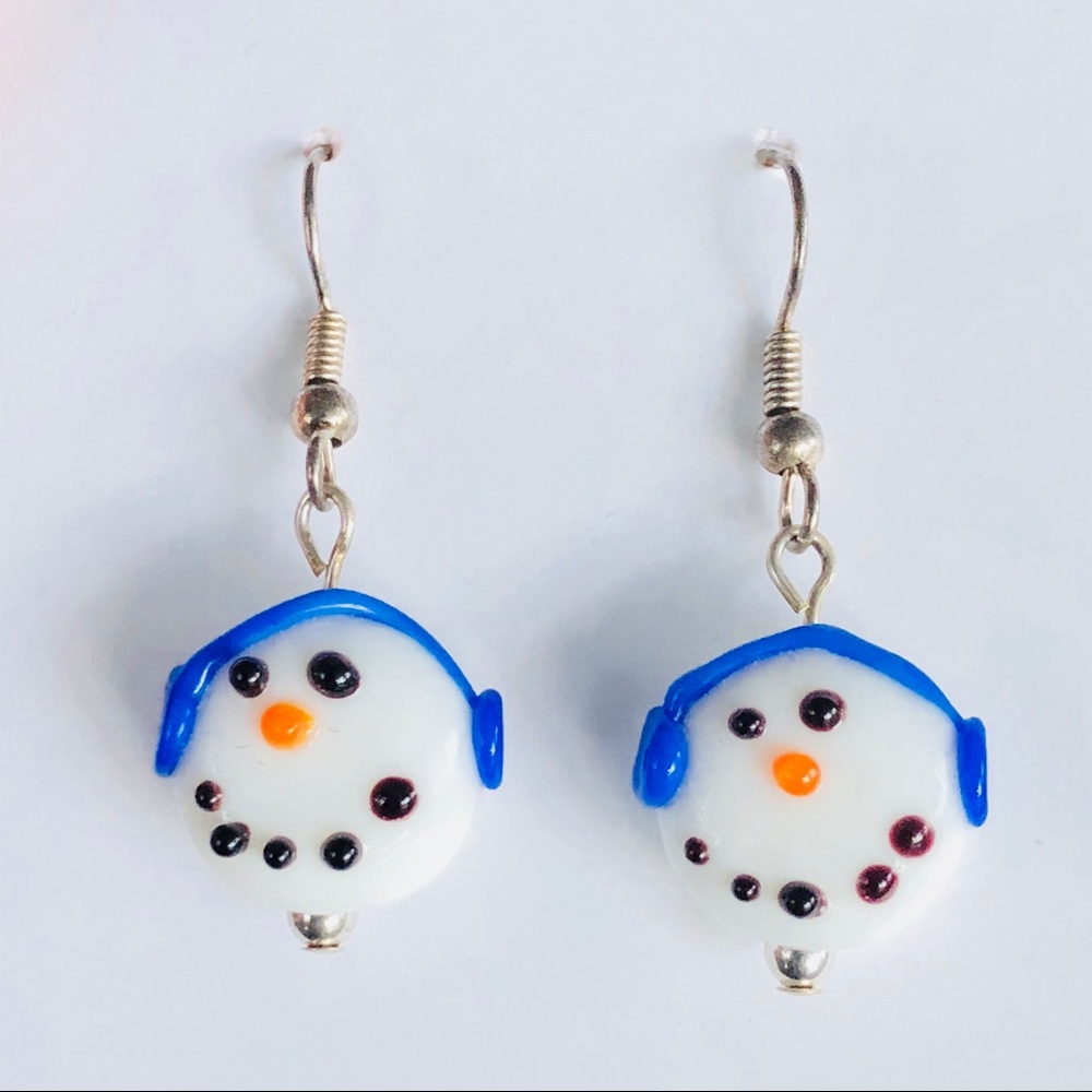 Snowman White Blue Glass Drop Earrings Winter Holiday Christmas Women's Jewelry